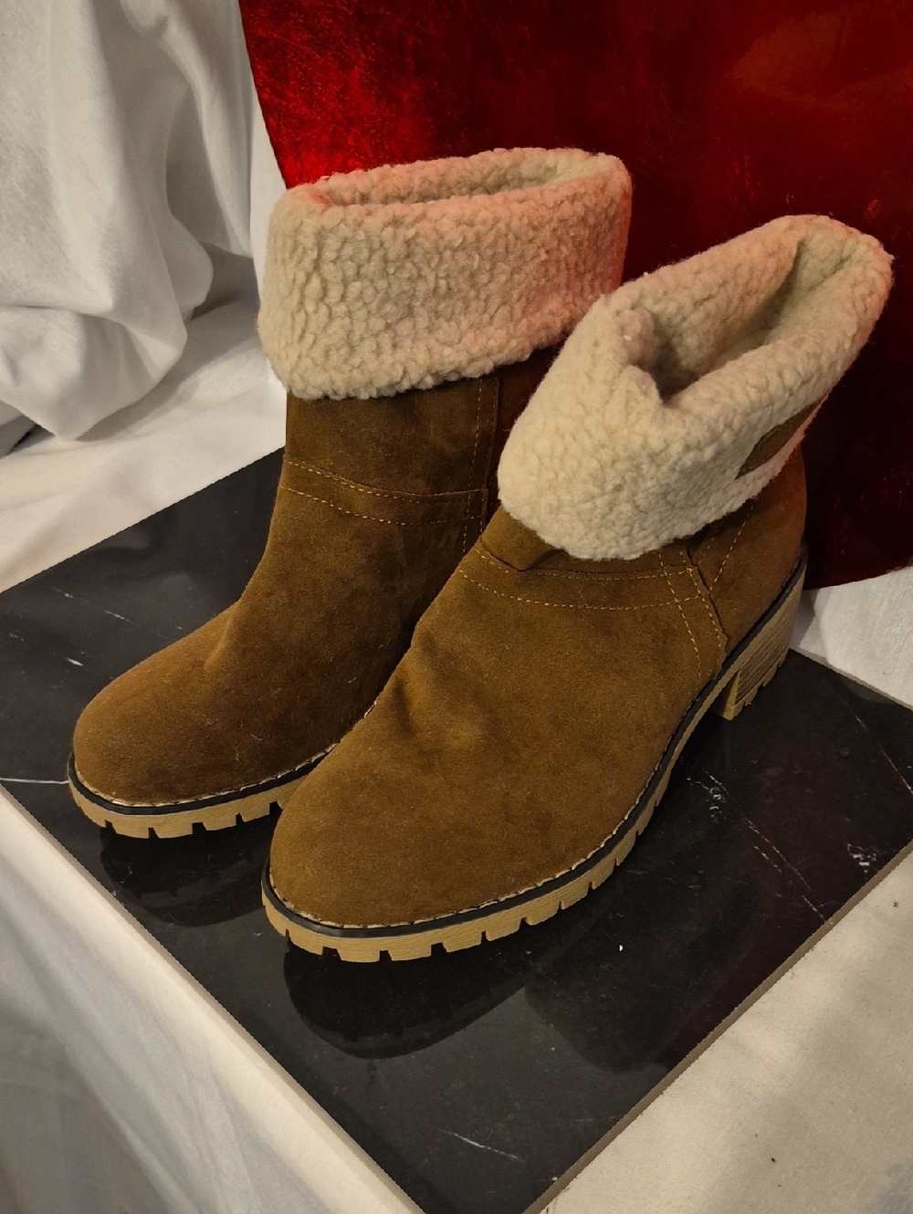 WS26- Shearling-Trim Suede Ankle Boots - Brown. sz 9.5 (list sz as 43)